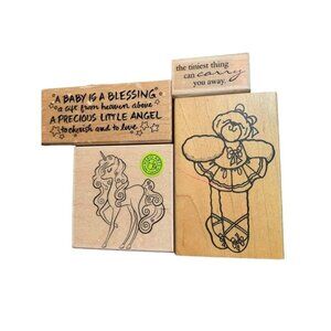 Wood Mounted Rubber Stamp Lot Unicorn Baby Ballerina Sentiments Craft Set
